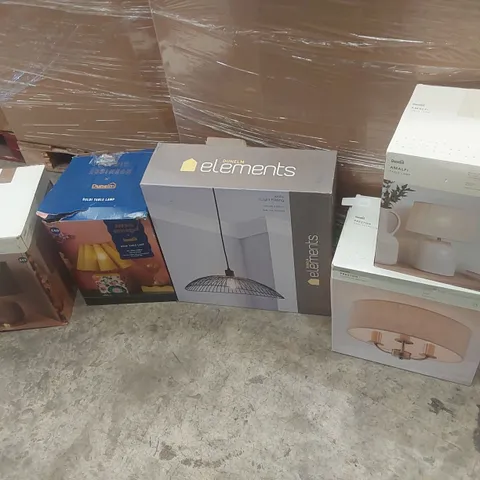PALLET CONTAINING A VERY LARGE QUANTITY OF ASSORTED DESIGNER LIGHTING PRODUCTS INCLUDING: CLEMENTINE TABLE LAMP, BELDI TABLE LAMP, AMALFI TABLE LAMP, PRESTON PLUSH CEILING LIGHT ECT