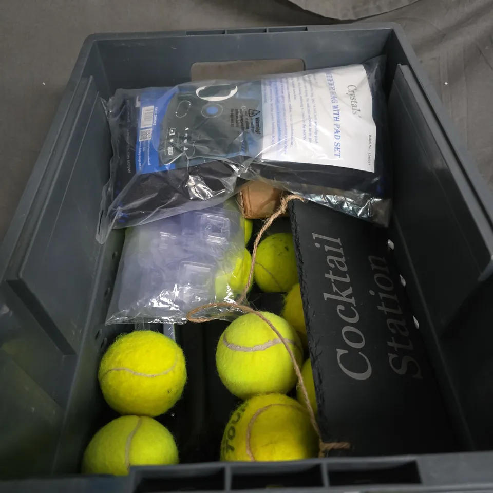 APPROXIMATELY 20 ITEMS INCLUDING TENNIS BALLS CHRISTMAS CARDS ,AND CRYSTALS DEHUMIDIFIER BAG WITH PAD SET PLUS HOUSEHOLD ITEMS .