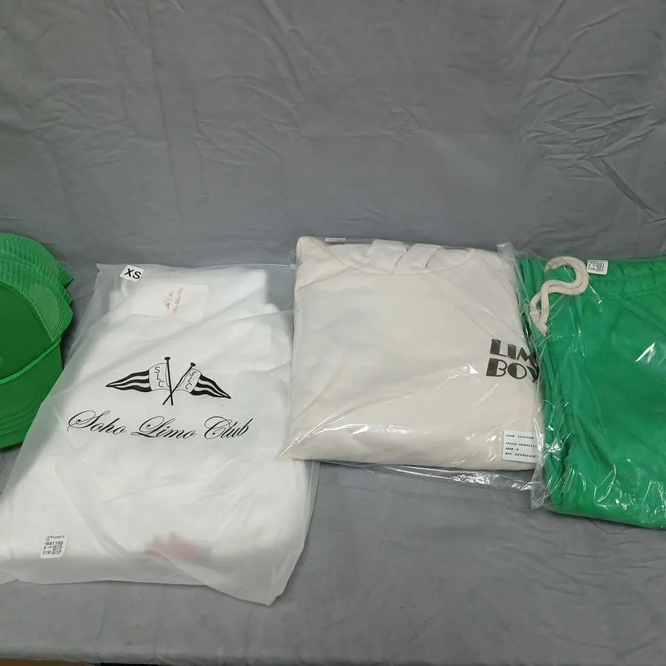 LARGE BOX OF ASSORTED LIMO BOYZ CLOTHING TO INCLUDE CAPS, SHORTS, AND HOODIES ETC.