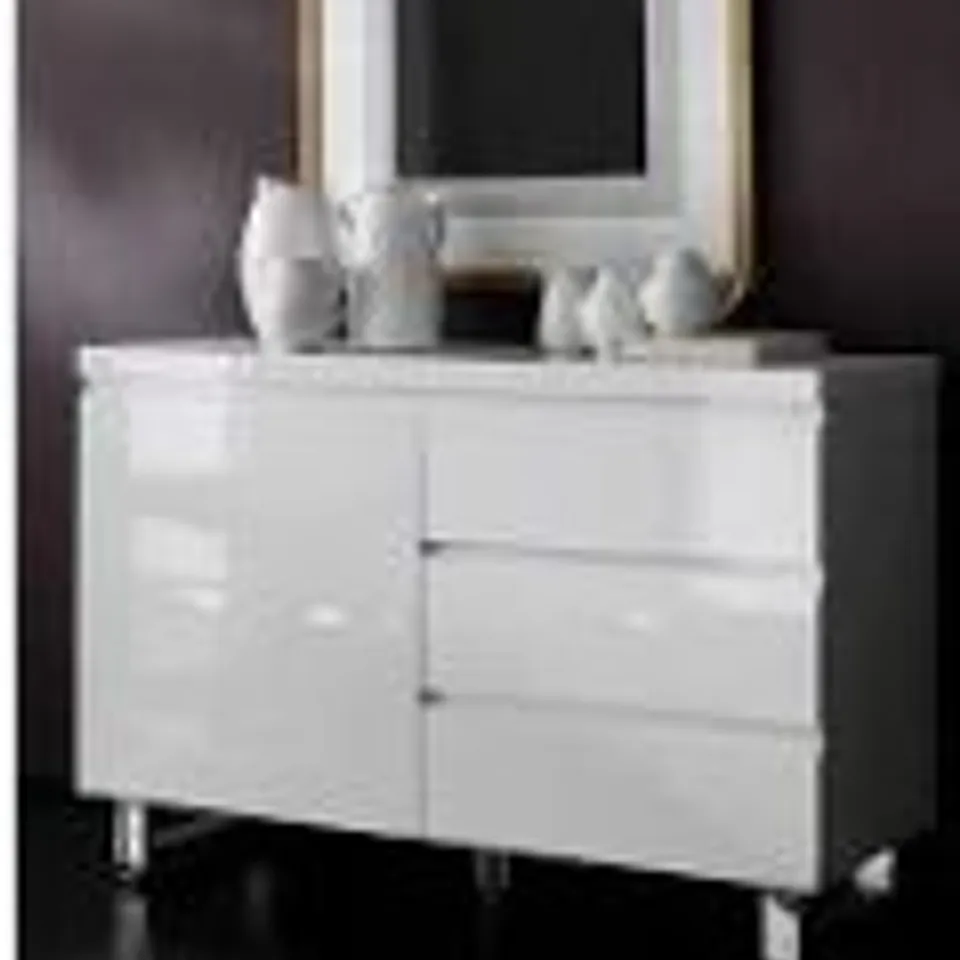 BOXED SYDNEY SMALL SIDEBOARD 3 DRAWERS, 1 DOOR IN HIGH GLOSS WHITE