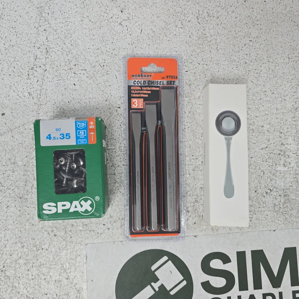 APPROXIMATELY 10 ASSORTED HOUSEHOLD ITEMS TO INCLUDE COLD CHISEL SET, METAL SPOON, ETC