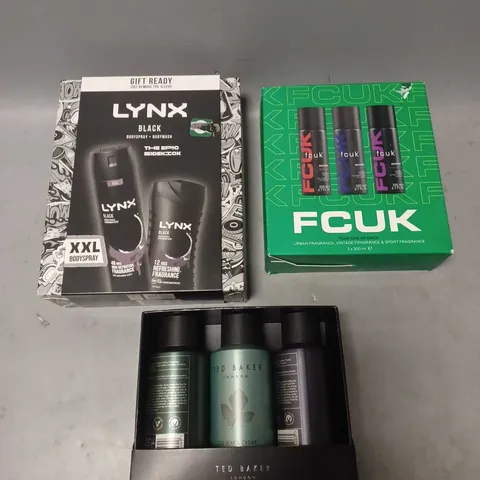 LOT OF 3 ASSORTED COSMETIC BOXSETS TO INCLUDE - TED BAKER BODY SPRAY COLLECTION - FCUK FRAGRANCE COLLECTION - LYNX BLACK BODY DUO