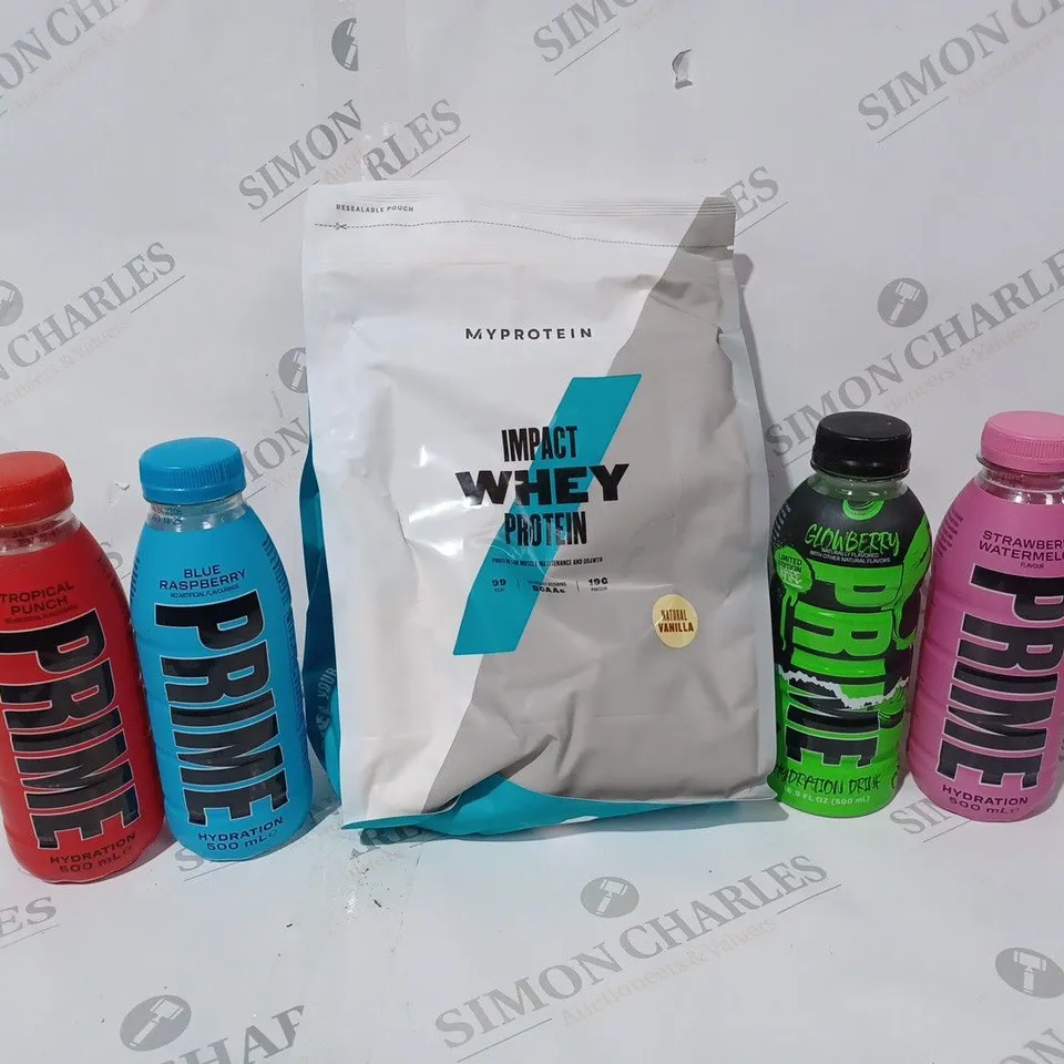 BOX OF APPROX 10 ASSORTED FOOD ITEMS TO INCLUDE - PRIME GLOWBERRY - PRIME BLUE RASPBERRY - PRIME TROPICAL PUNCH ECT