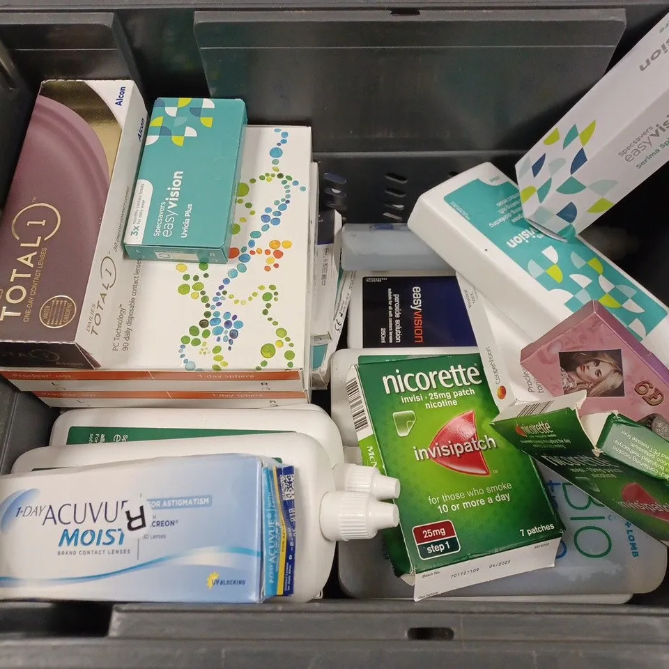 BOX TO CONTAIN APPROX. 25 X ASSORTED VISION CARE & ANTI-SMOKING PRODUCTS. INCLUDES CONTACT LENSES & CLEANING SOLUTION, NICORETTE GUM ETC. - COLLECTION ONLY