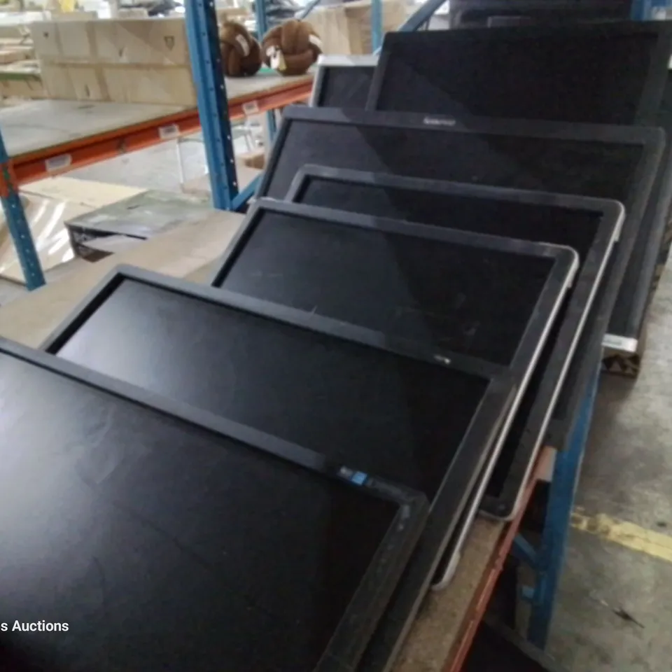 SHELF OF APPROXIMATELY 13 ASSORTED DESK TOP MONITORS, INCLUDING SAMSUNG, LENOVO, HP.