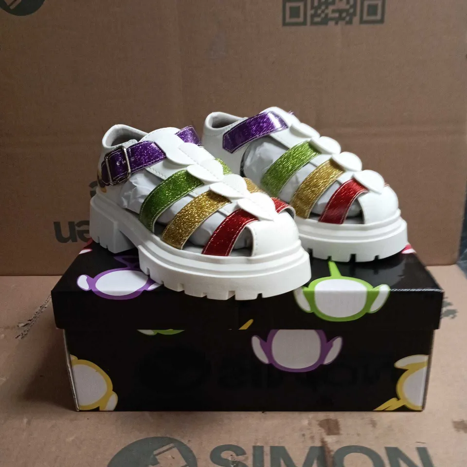 KOI KIDZ TELETUBBIES GLITTER TRUMPETS SANDALS WHITE MULTI SIZE 10