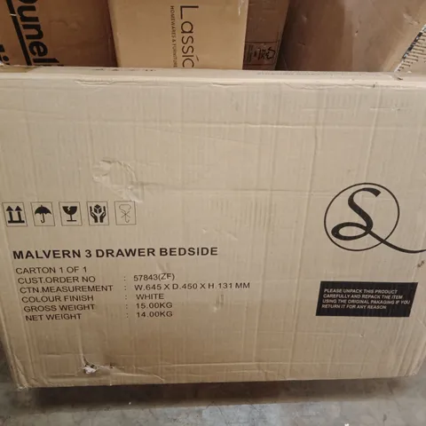 BOXED WALKER 3 DRAWER BEDSIDE TABLE IN WHITE (1 BOX)