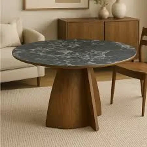 BOXED FURNT MARBLE EFFECT TOP & WOODEN BASE 120CM LINA ROUND DINING TABLE - BLACK/WALNUT (1 BOX)