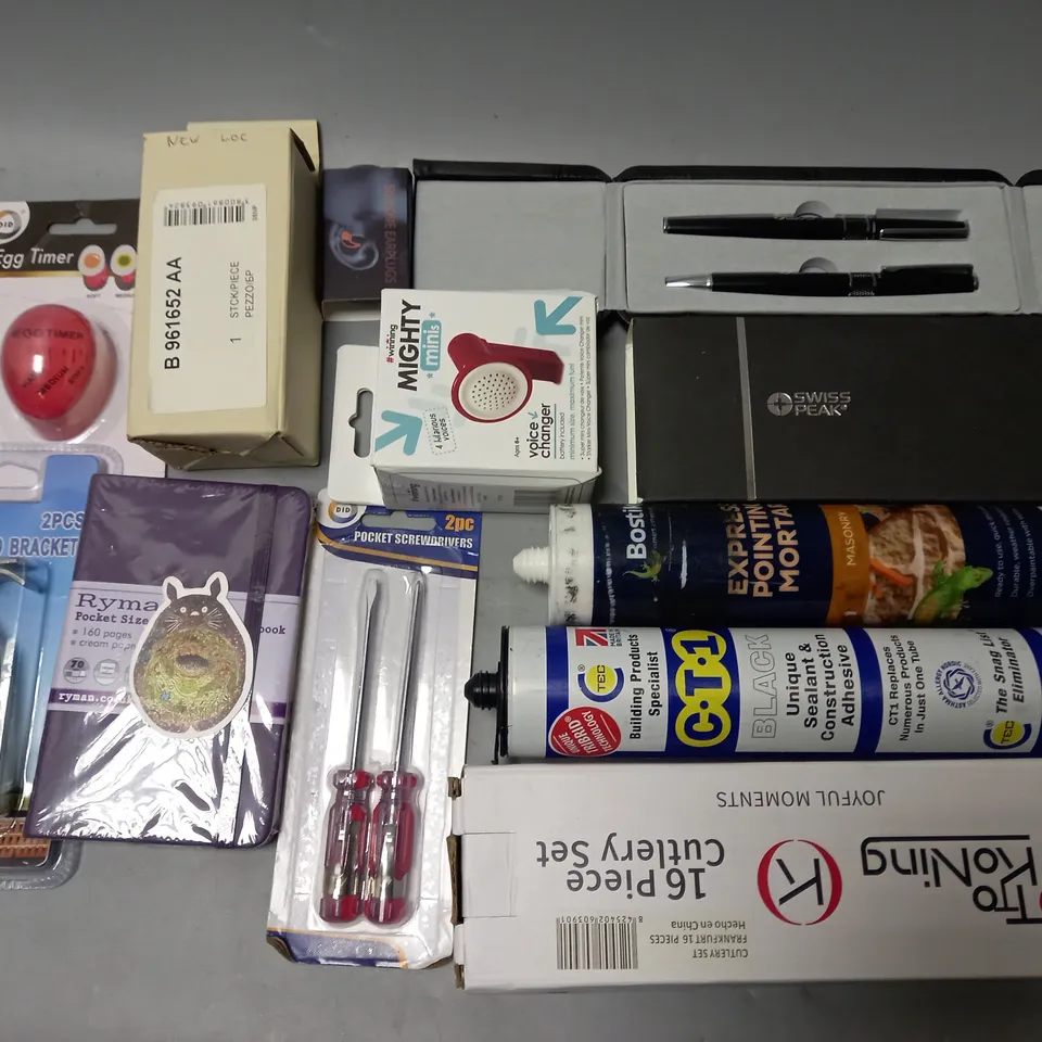 LOT OF ASSORTED HOUSEHOLD ITEMS TO INCLUDE MIGHTY MINI VOICE CHANGER, 16-PIECE CUTLERY SET AND CONSTRUCTION ADHESIVE