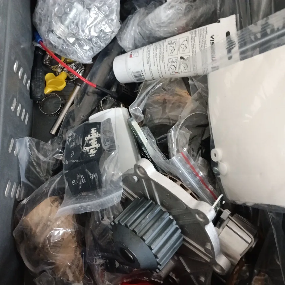 box of assorted car items to include tools - usb adapters - buttons 