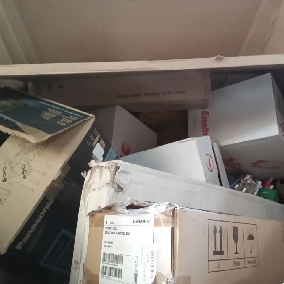 PALLET OF ASSORTED ITEMS INCLUDING BOX OF 6 ESSELTE BINDERS, 3D LED FAN, JUWEL MULTILUX LED, GLASS TUBES 