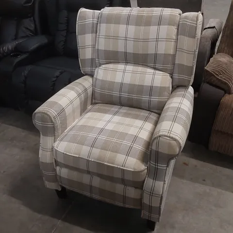 DESIGNER TARTAN PATTERN FABRIC UPHOLSTERED ARMCHAIR 