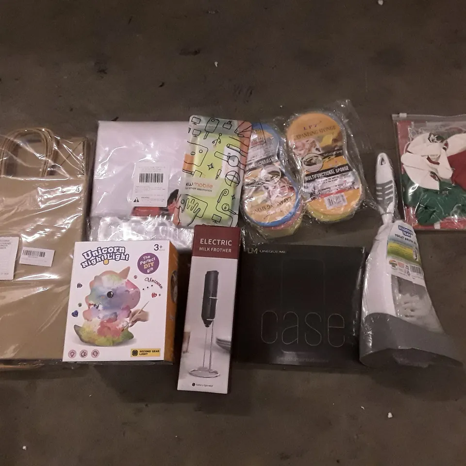 PALLET OF 6 BOXES CONTAINING ASSORTED PRODUCTS INCLUDING ELECTRIC MILK FROTHER, TOILET BRUSH, PHONE CASE, PAPER BAGS, PARTY DECORATIONS, SHOWER CURTAIN 