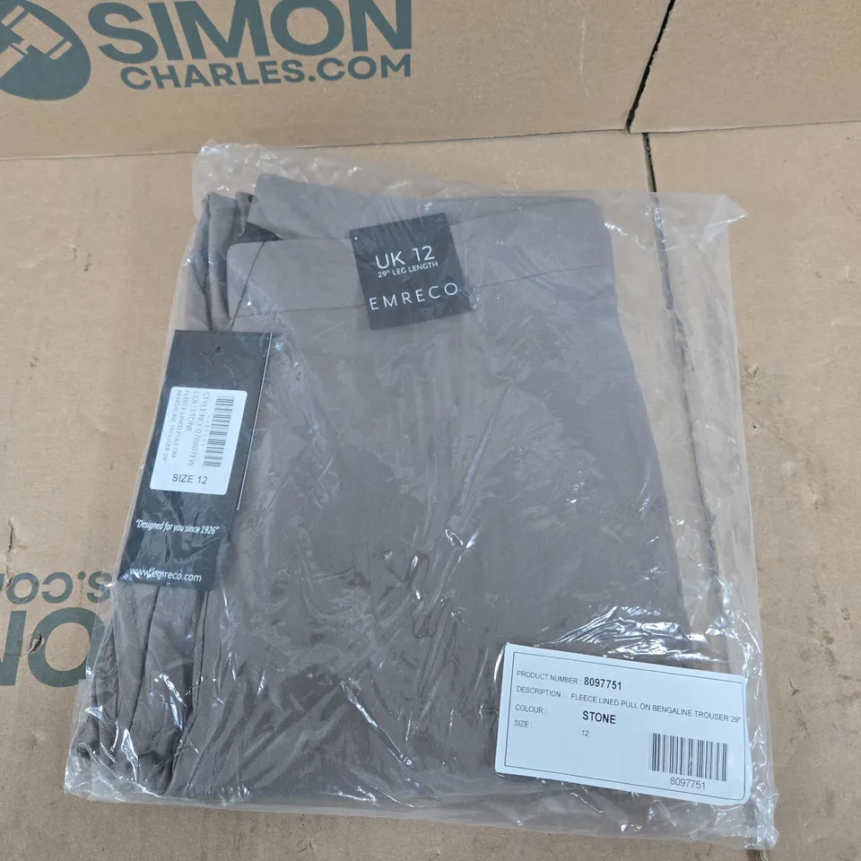 EMRECO FLEECE-LINED PULL-ON BENGALINE TROUSERS – STONE, UK 12, 29IN LEG