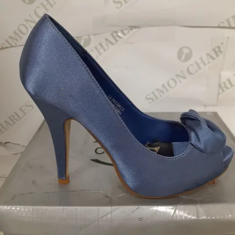BOXED PAIR OF CASANDRA OPEN TOE HEELS IN BLUE - SIZE 36