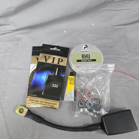 BOX OF ASSORTED CAR ITEMS TO INCLUDE VIP AIR FRESHENERS - RHU SHOW WAX - RUBBER GLUE  