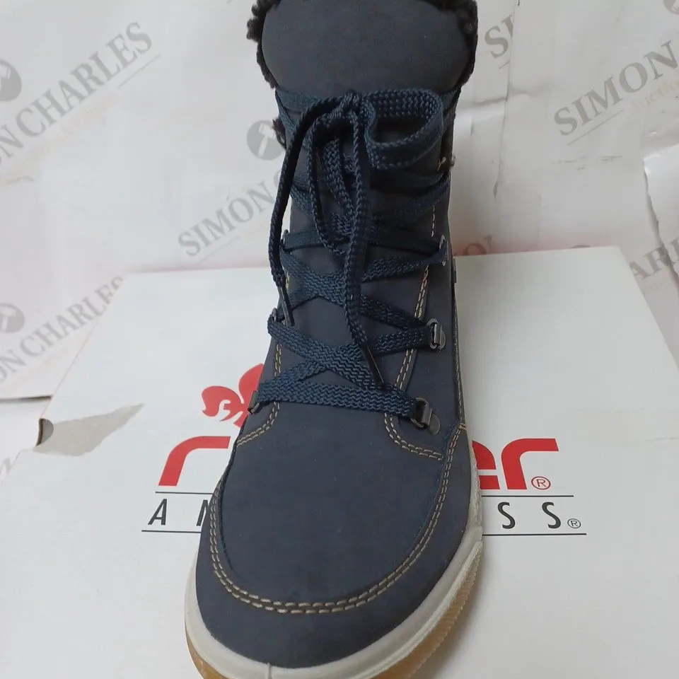 BOXED RIEKER WATER RESISTANT WARM HIKER BOOTS, NAVY - SIZE 7.5