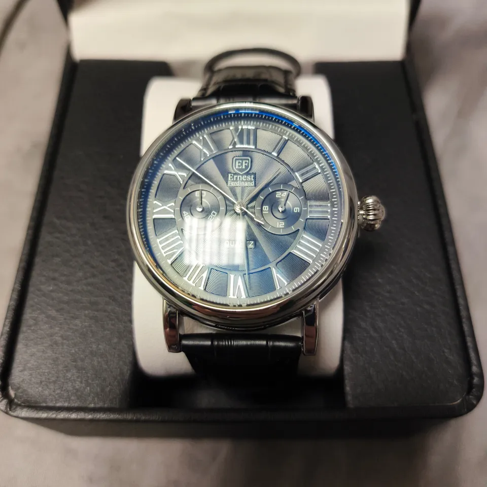 ERNEST FERDINAND WATCH – FUNCTIONING SUB DIALS – LEATHER STRAP –  BLACK FACE DIAL WITH BLUE HUE