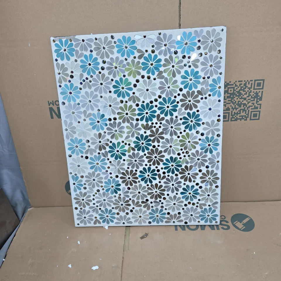 DECORATIVE FLORAL PANEL WITH BLUE/GRAY DAISIES – WALL ART 