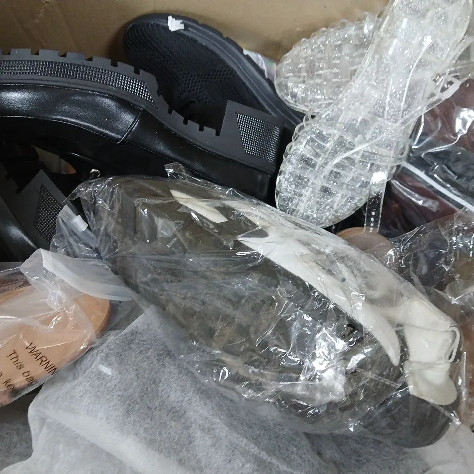 BOX OF APPROXIMATELY 15 ASSORTED PAIRS OF SHOES AND FOOTWEAR ITEMS IN VARIOUS COLOURS, STYLES, AND SIZES - COLLECTION ONLY