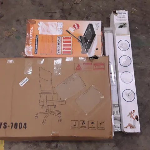 PALLET OF ASSORTED PRODUCTS INCLUDING OFFICE CHAIR, RETRACTABLE SAFETY GATE, ROLLER BLINDS, VINYL FLOOR CUTTER, LED METEOR LIGHT