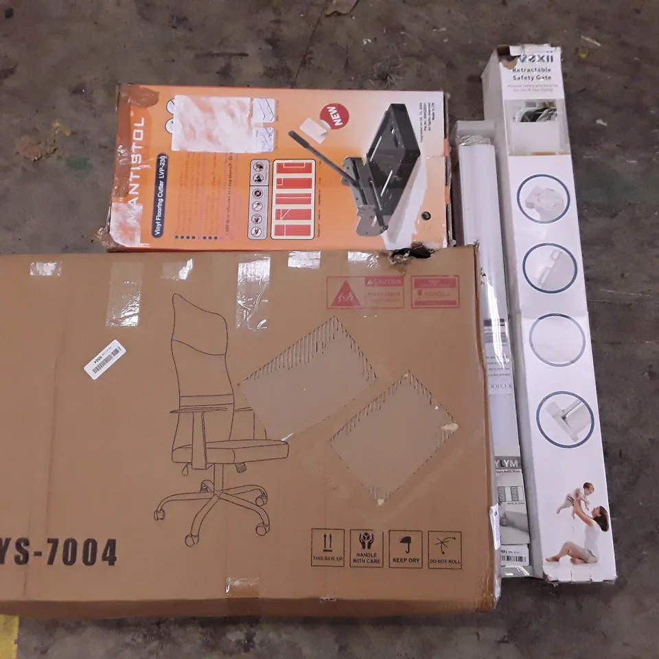 PALLET OF ASSORTED PRODUCTS INCLUDING OFFICE CHAIR, RETRACTABLE SAFETY GATE, ROLLER BLINDS, VINYL FLOOR CUTTER, LED METEOR LIGHT
