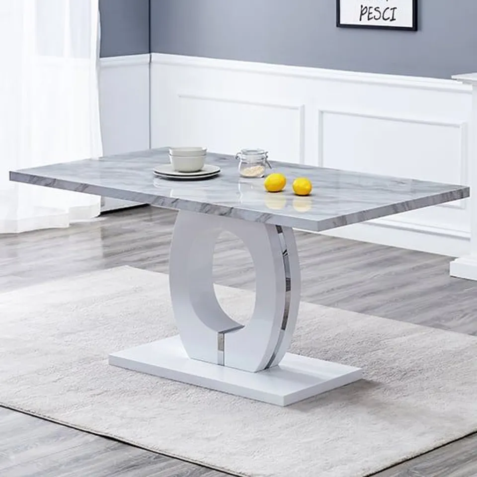 MAGNESIA RECTANGULAR GREY GLOSS MARBLE EFFECT DINING TABLE (3 BOXES)