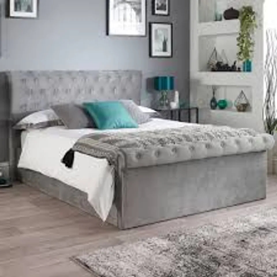 BOXED ASPIRE CHESTERFIELD DOUBLE GREY OTTOMAN BED (2 BOXES)