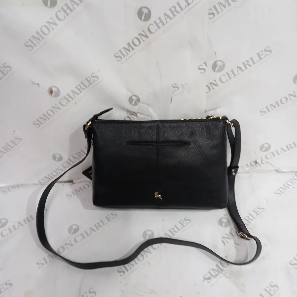 BOXED ASHWOOD LEATHER BAG IN BLACK WITH GOLD ACCENTS AND FLORAL INTERIOR