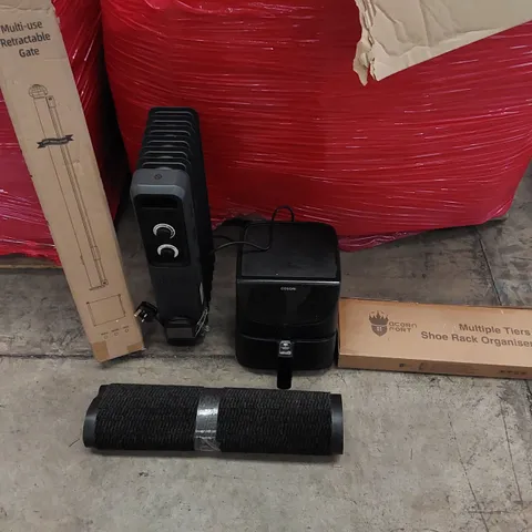 PALLET OF ASSORTED ITEMS INCLUDING: AIR FRYER, SMALL RADIATOR, SHOE RACK, RETRACTABLE SAFETY GATE, DOOR MAT