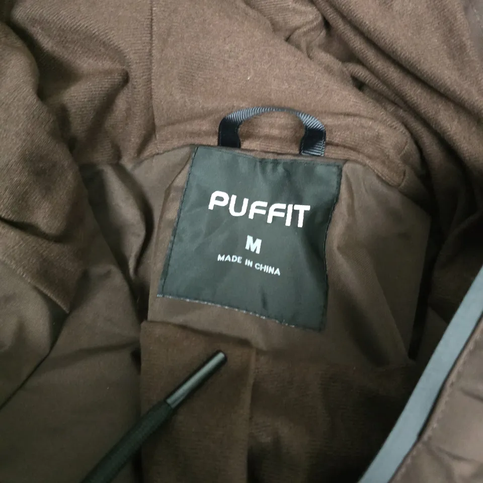 PUFFFIT HOODED JACKET – BROWN, SIZE M