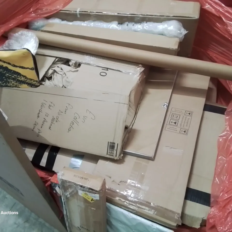 PALLET CONTAINING VARIOUS ASSORTED BOXED HOUSEHOLD ITEMS TO INCLUDE: MDF FRAME BLACKBOARD, TOWEL RAIL, ACRO SUPPORT BAR, LEATHER WEIGHTLIFTING BELT ETC.