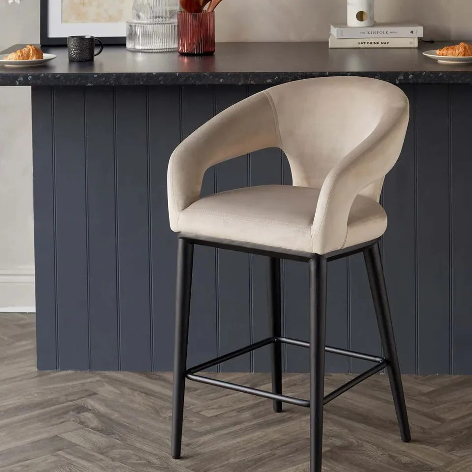 BOXED HEATH CHAMPAGNE PLUSH VELVET BLACK WOOD BAR STOOL