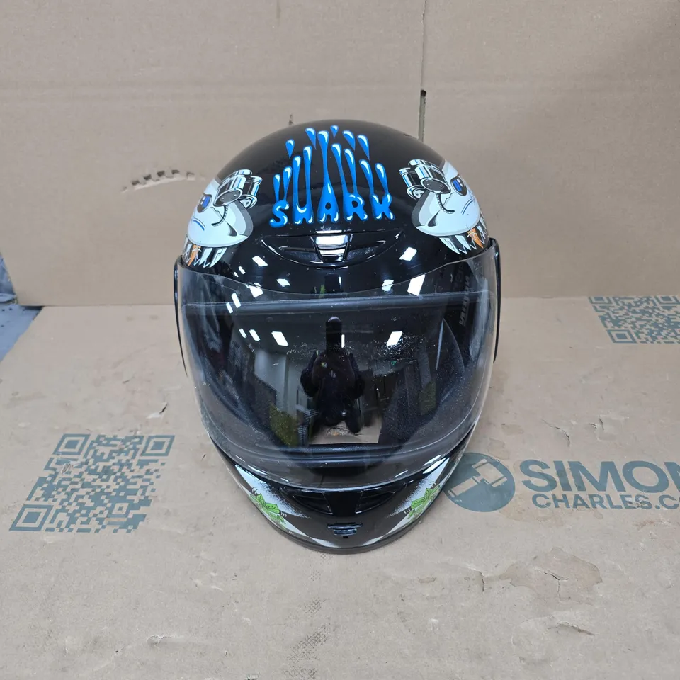 SHARK FULL-FACE MOTORCYCLE HELMET – BLACK WITH BLUE GRAPHIC ARTWORK BOXED