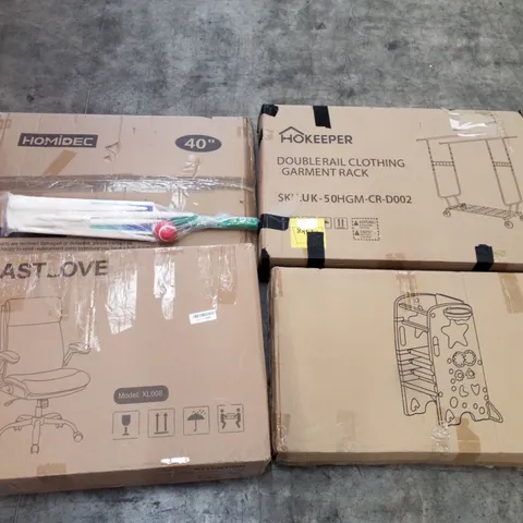 PALLET OF ASSORTED PRODUCTS INCLUDING DOUBLE RAIL CLOTHING GARMENT RACK, OFFICE CHAIR, CRICKET SET, L-SHAPED WORKSTATION 