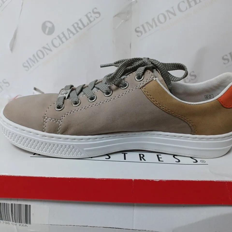 BOXED PAIR OF RIEKER SIDE ZIP TRAINER GREY SIZE 6.5