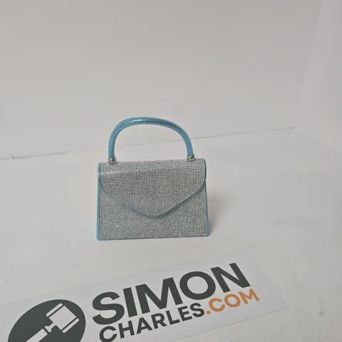 BLUE RHINESTONE-EMBELLISHED CLUTCH BAG WITH TOP HANDLE