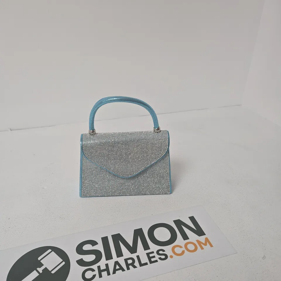 BLUE RHINESTONE-EMBELLISHED CLUTCH BAG WITH TOP HANDLE