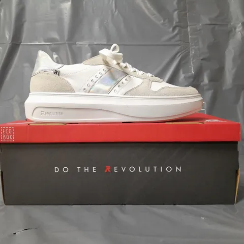BOXED PAIR OF RIEKER REVOLUTION TRAINERS IN WHITE/PRISMATIC SILVER W. JEWEL EFFECT EU SIZE 39