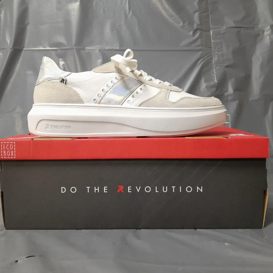 BOXED PAIR OF RIEKER REVOLUTION TRAINERS IN WHITE/PRISMATIC SILVER W. JEWEL EFFECT EU SIZE 39