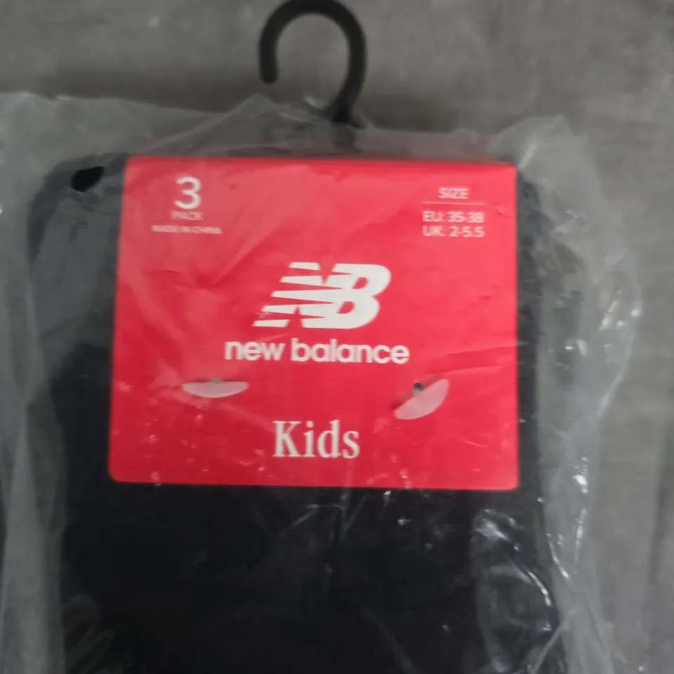 BAGGED NEW BALANCE KIDS SOCKS – 3 PACK, UK 2.5–5.5 (EU 35–38) – BLACK