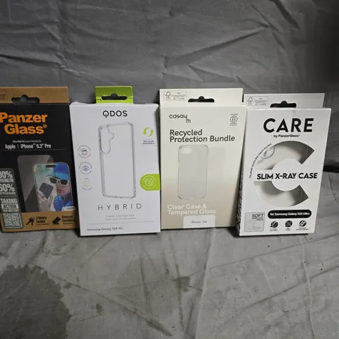 BOX OF APPROXIMATELY 100 ASSORTED PROCTECTIVE PHONE COVERS FOR APPLE/SAMSUNG PRODUCTS. BRANDS INCLUDING QDOS/PANZER GLASS/CASEY M