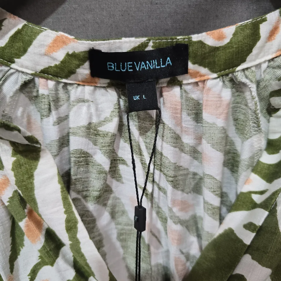 BLUE VANILLA KHAKI ZEBRA PRINT SHIRRED WAIST PUFF SLEEVE MIDI DRESS – UK SIZE L