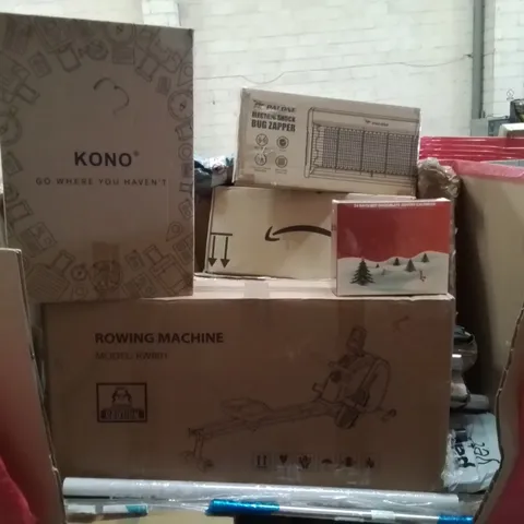 PALLET CONTAINING VARIOUS ASSORTED BOXED HOUSEHOLD ITEMS TO INCLUDE: SUITCASE, ROWING MACHINE, BUG ZAPPER, HOLLYWOOD VANITY MIRROR AND LOTS MORE UNMARKED BOXED ITEMS 