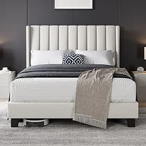 BOXED YAHEETECH 4FT6 DOUBLE BED FRAME, CHANNEL TUFTED WING HEADBOARD, BEIGE | SOLID WOOD SLATS SUPPORT BASE, NOISE-FREE QUIET DESIGN, NO BOX SPRING REQUIRED, QUICK EASY ASSEMBLY, FOR BEDROOM DAILY USE
