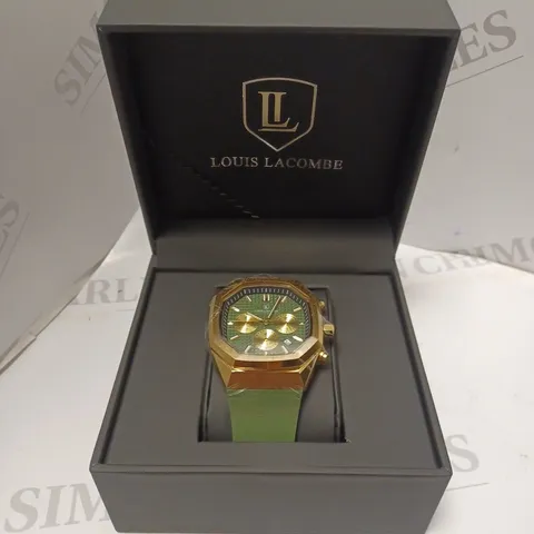 MENS LOUIS LACOMBE CHRONGRAPH WATCH β 3 SUB DIALS β GOLD COLOUR CASE β GREEN RUBBER STRAP