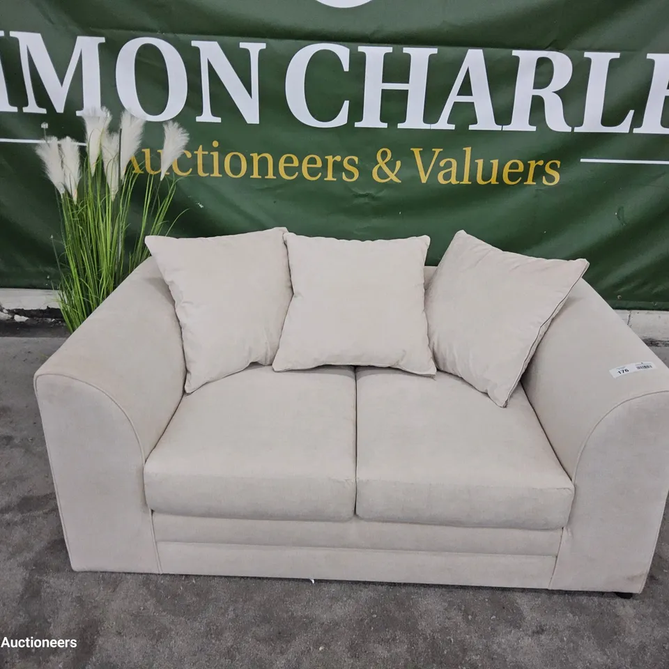 DESIGNER  TWO SEATER SOFA WITH SCATTER CUSHIONS NATURAL FABRIC 