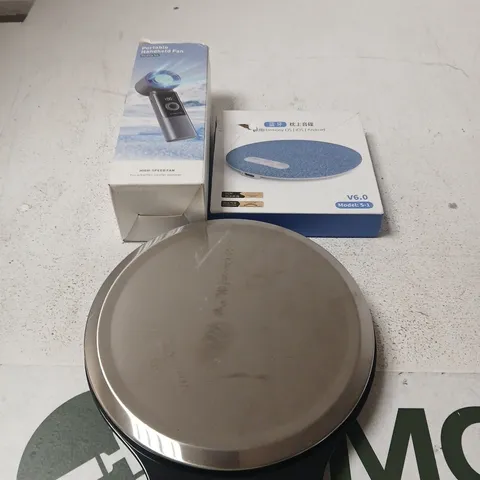 APPROXIMATELY 5 ASSORTED ELECTRICAL PRODUCTS TO INCLUDE PORTABLE FAN, CHARGING PAD, SCALES ETC 