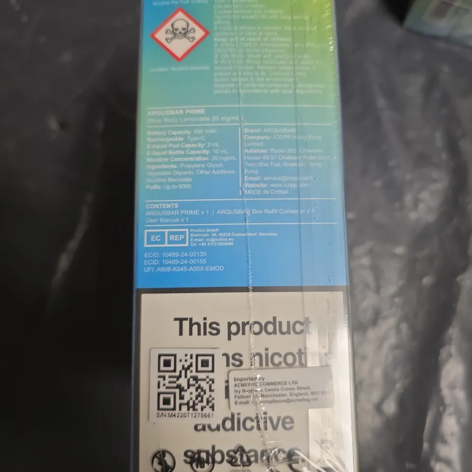 ARGUSBAR PRIME DISPOSABLE VAPE – BLUE LEMONADE, 6000 PUFFS, BOXED