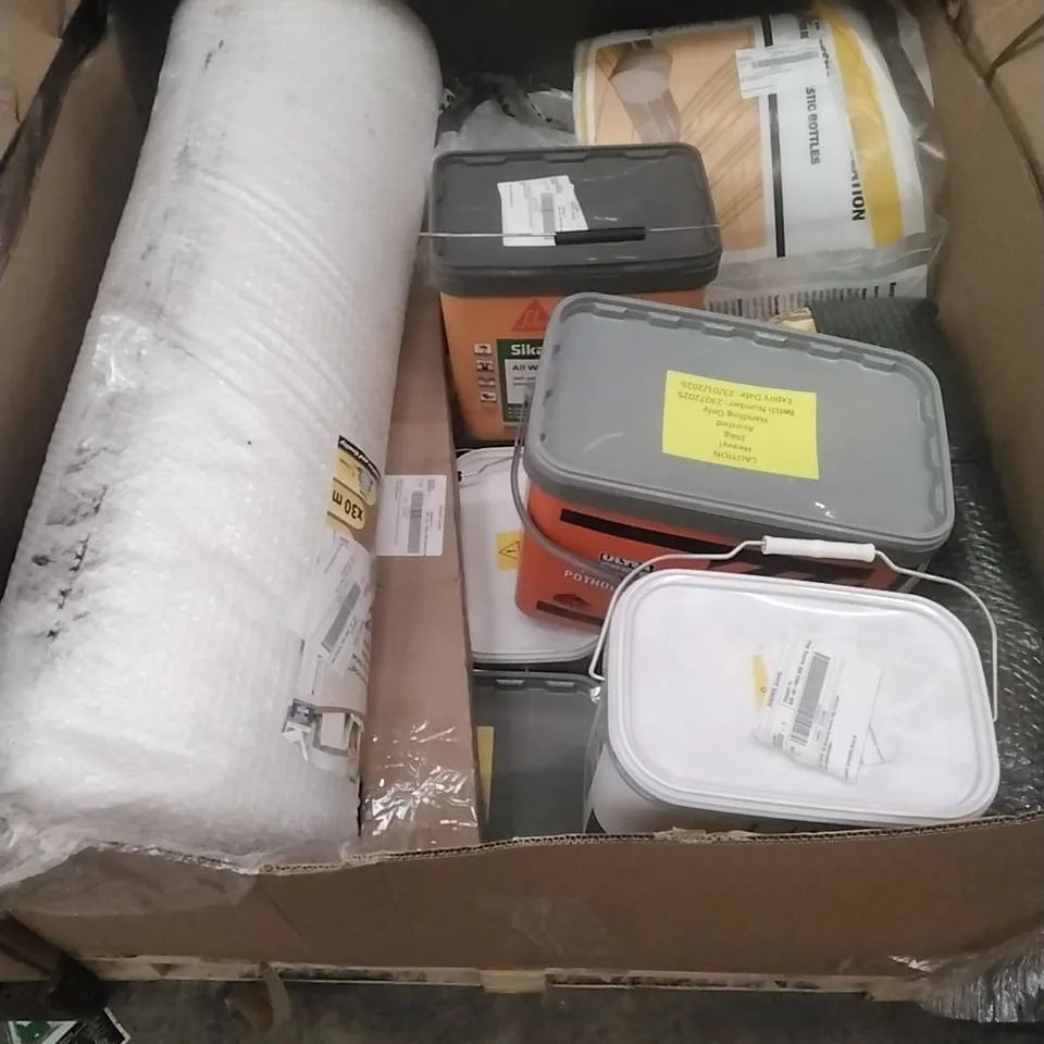 PALLET OF ASSORTED DIY, HOME IMPROVEMENT AND BUILDING PRODUCTS TO INCLUDE; PATIO JOINT MORTAR, READY MIXED JOINTING, PERMANENT POTHOLE REPAIR, SELF SETTING PAVING JOINTING COMPOUND ETC